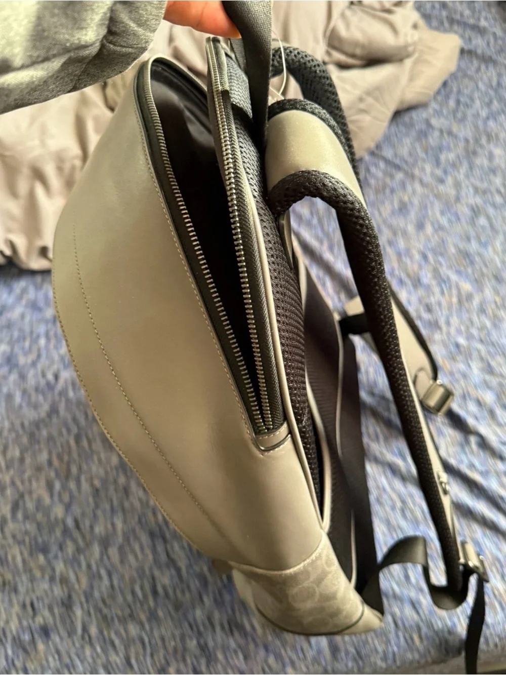 Coach Gray Signature Canvas Backpack with Yellow and Cream Stripes